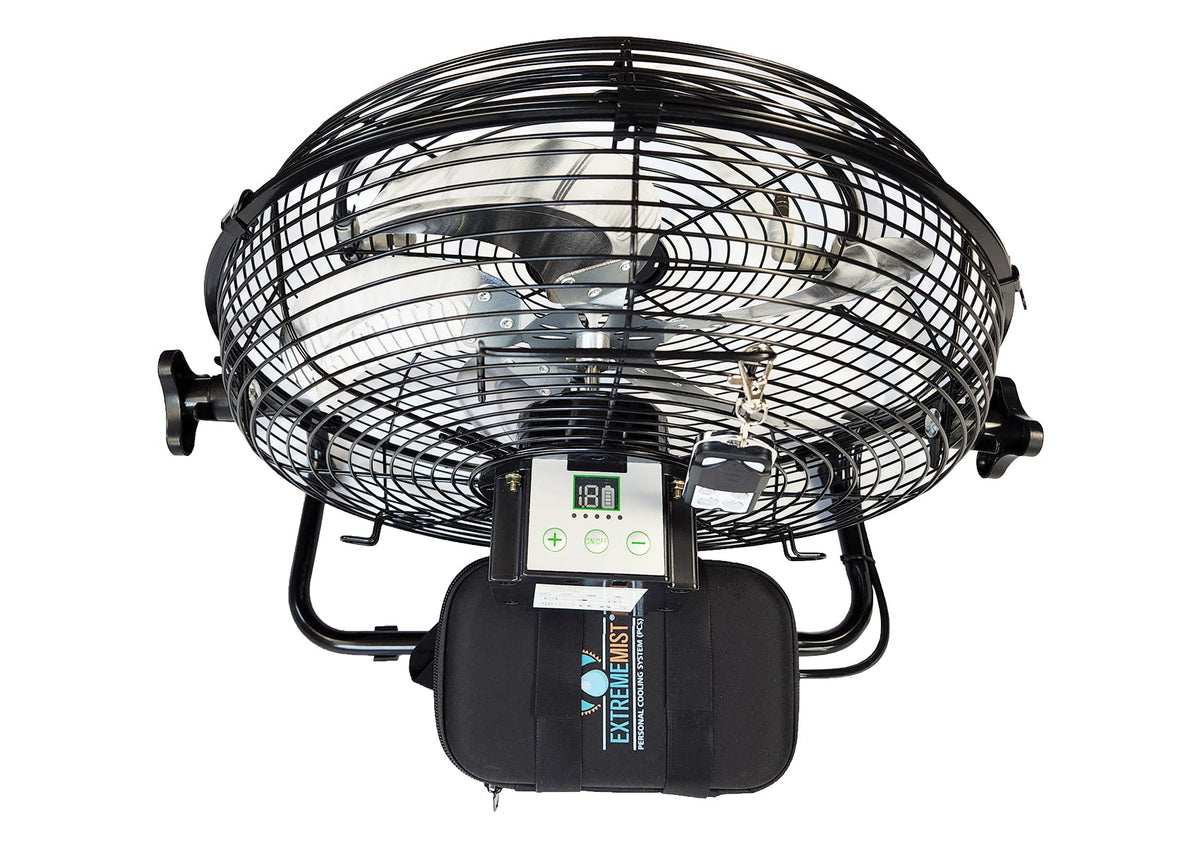 ExtremeMist Pro Misting Fan, 270 PSI, Solar Rechargeable, with 16 ft Mist Line