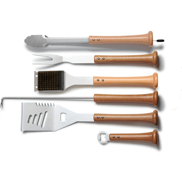 Six stainless grill tools with wooden baseball bat handles: tongs, fork, brush, hook, spatula and bottle opener