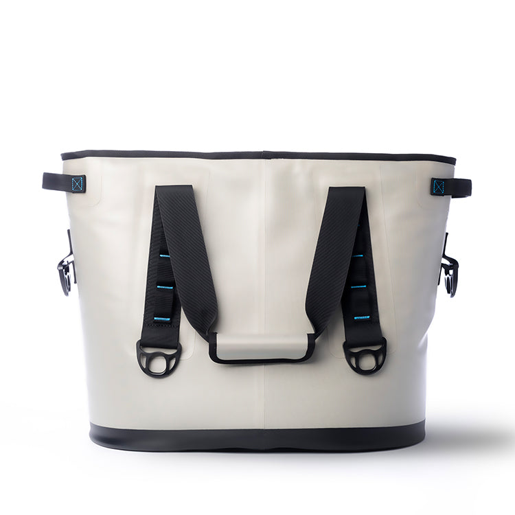 Back of the Sidekick tote cooler with two carry straps and a grab handle between them