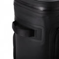 Load image into Gallery viewer, Close-up of a webbing grab handle on the side of the all-black backpack cooler
