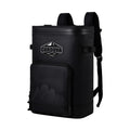 Load image into Gallery viewer, All-black backpack cooler from a slight angle, front pocket and Cordova logo facing forward
