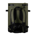 Load image into Gallery viewer, Back of the olive green backpack cooler with both shoulder straps, chest strap and lower tie-down loops
