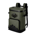 Load image into Gallery viewer, Olive green backpack cooler at an angle, with a zip front pocket, mountain graphic and black shoulder straps
