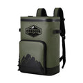 Load image into Gallery viewer, Olive green backpack cooler from a slight angle with the lid zipped and straps up
