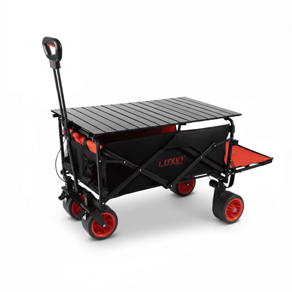 Black and red wagon with the slatted tabletop fitted on top and the rear shelf folded down, on a white background