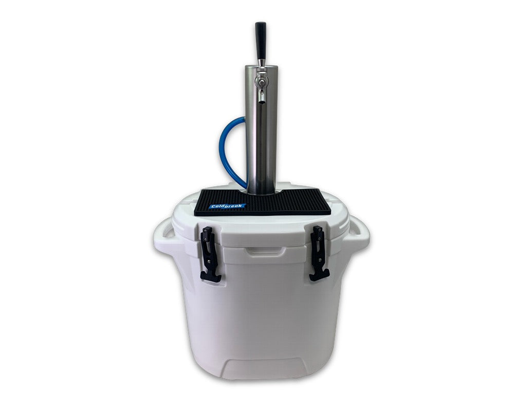 White cooler with a stainless tap tower, black drip mat and a CO2 cartridge on a mini regulator, angled view