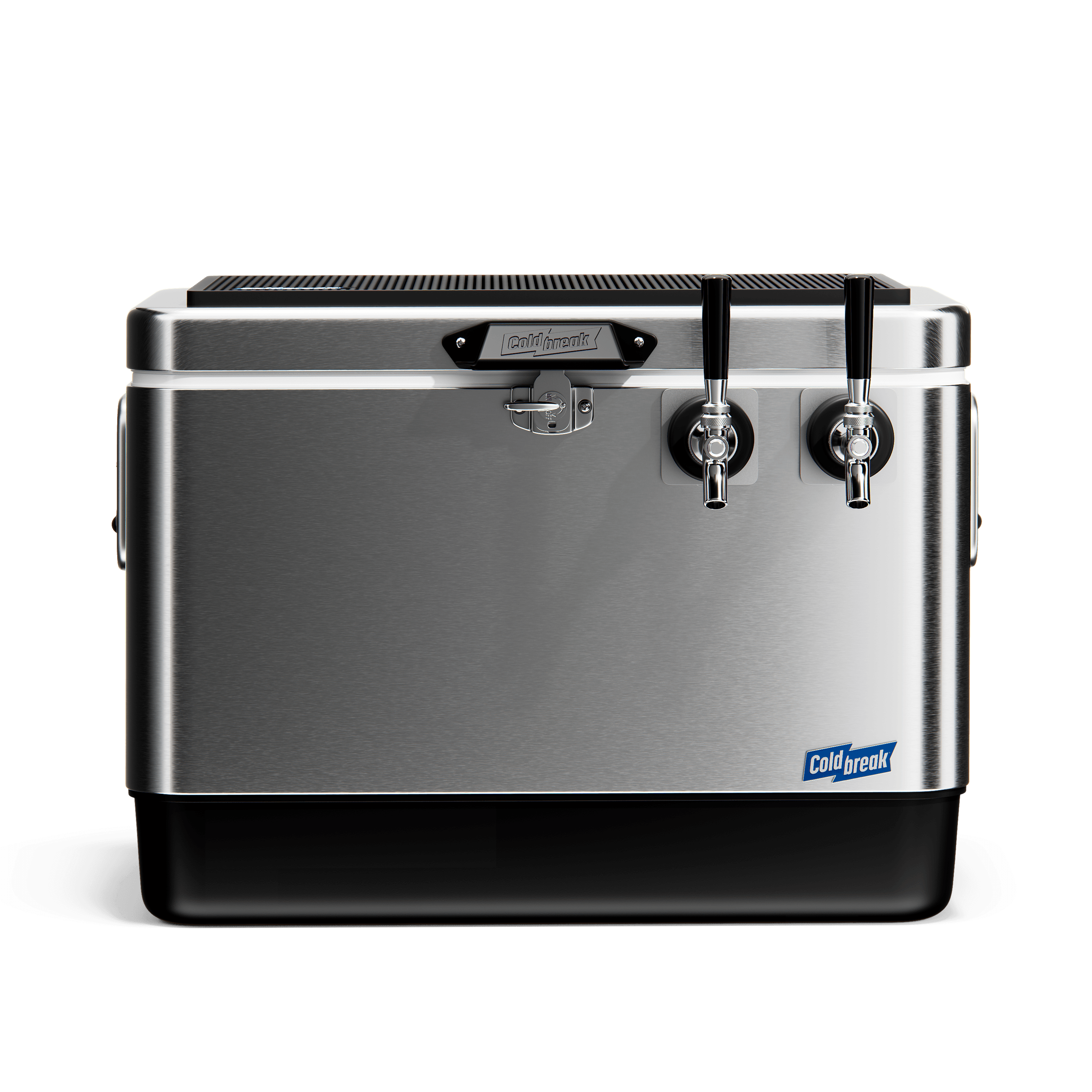 Stainless steel chest cooler with two front taps, black base and rubber drip mat lid, angled right
