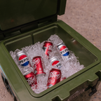 Close-up inside an olive green cooler full of soda cans buried in ice