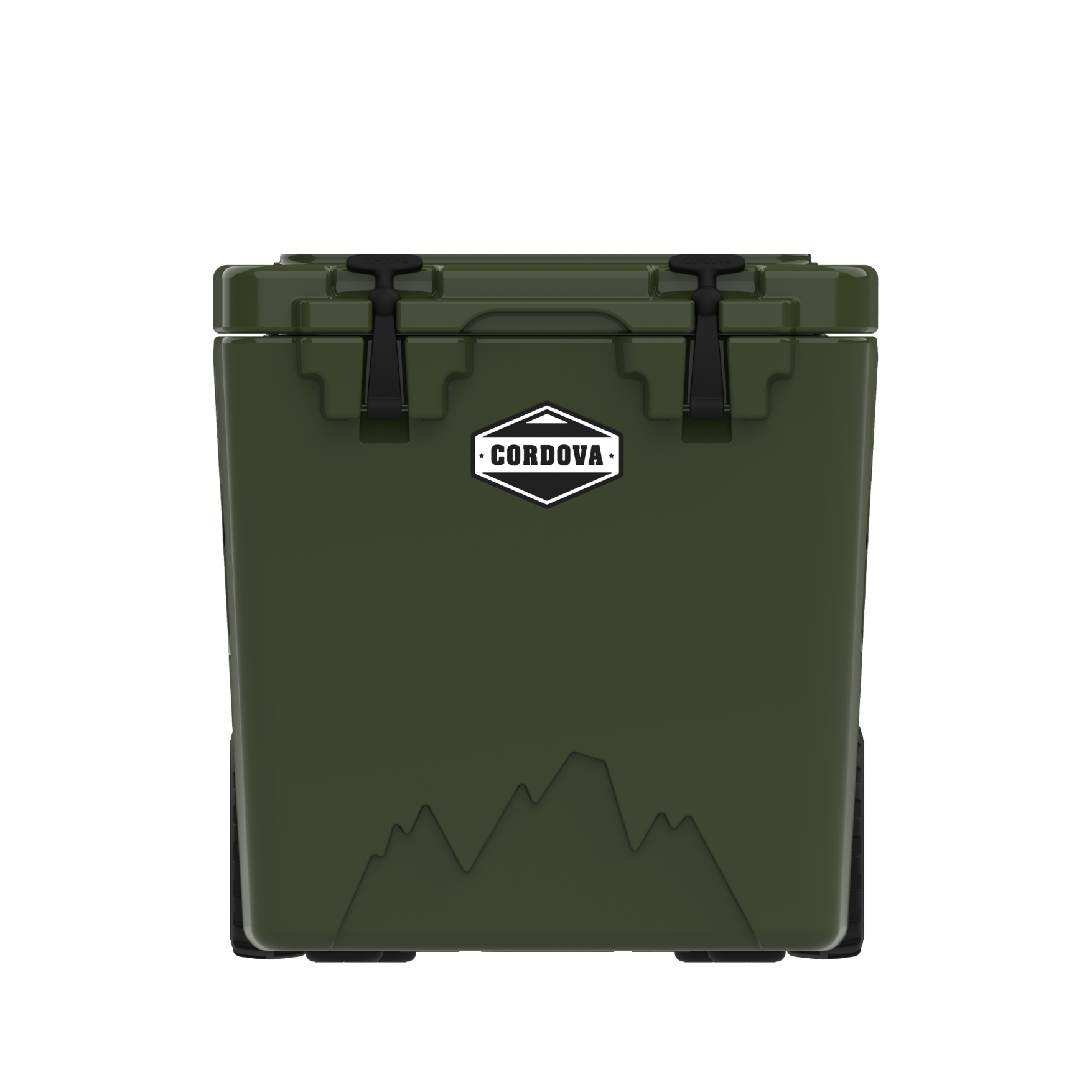 Side view of the slate-blue wheeled cooler with the telescoping handle extended