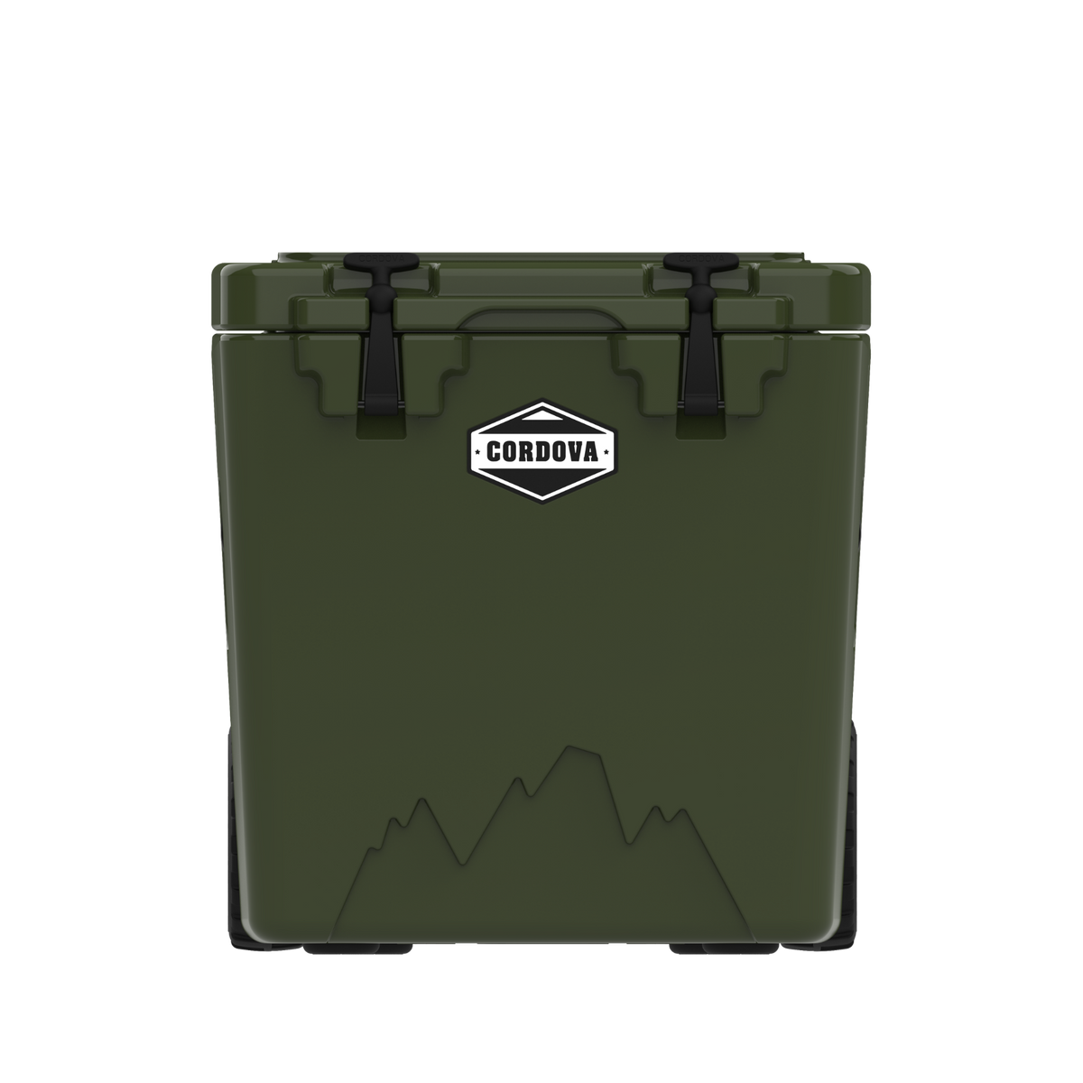 Olive green wheeled hard cooler from the front, two black rubber latches and a mountain graphic, on black