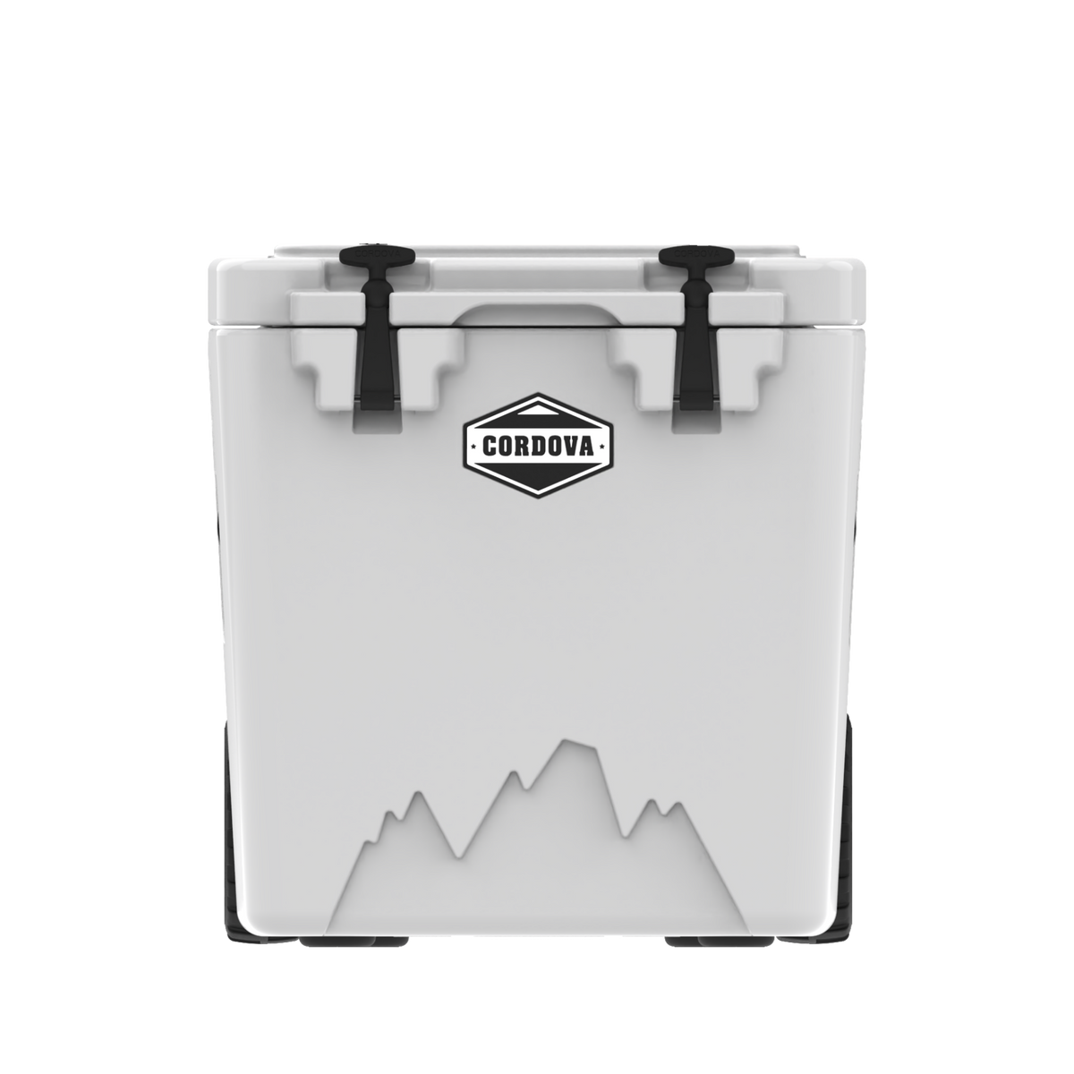 White wheeled hard cooler from the front, two black rubber latches and a mountain graphic, on black