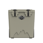 Tan wheeled hard cooler from the front with two black latches and a mountain graphic