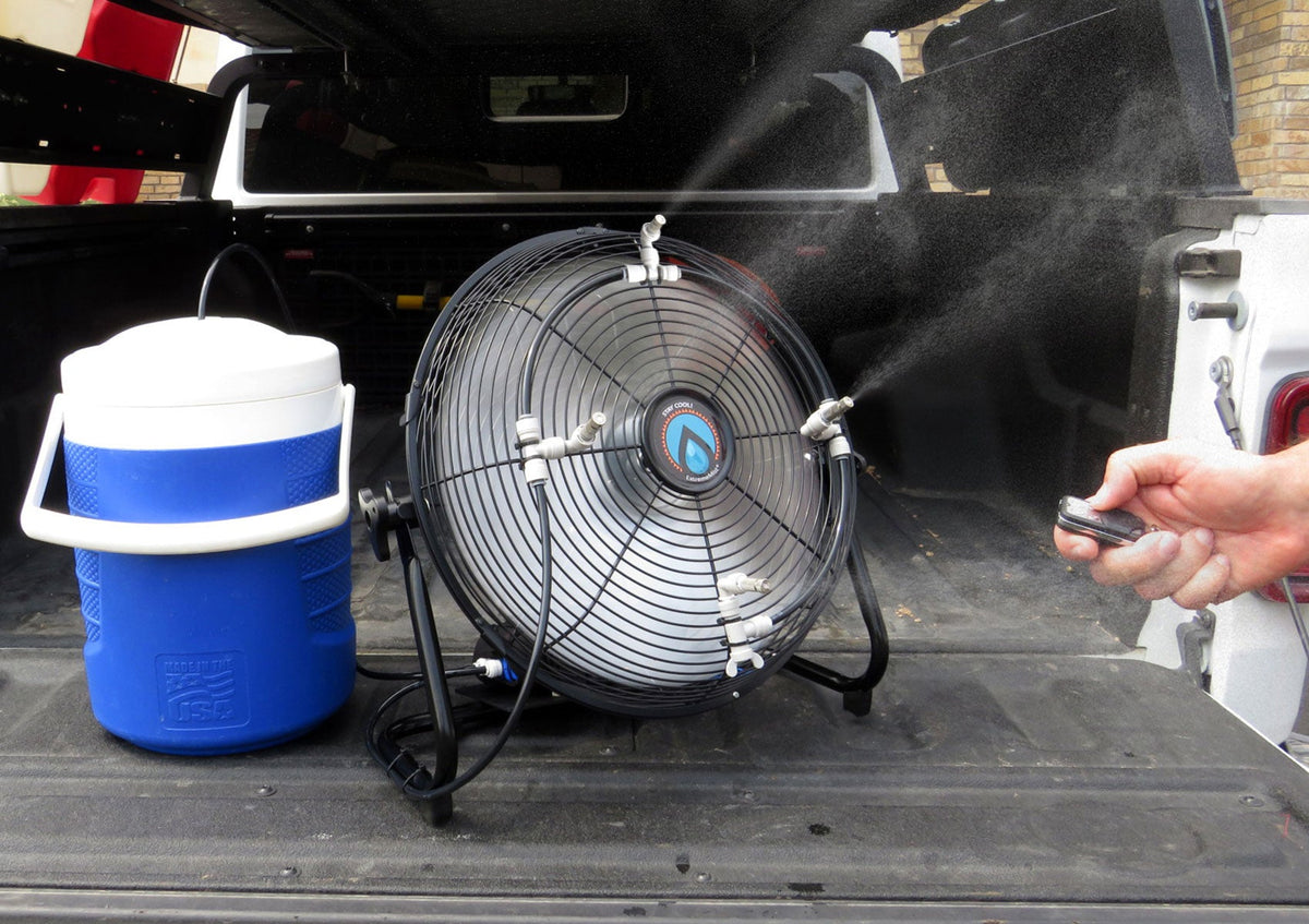 ExtremeMist Pro Misting Fan, 270 PSI, Solar Rechargeable, with 16 ft Mist Line