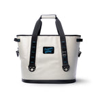 Front of the light gray Tailgate Sidekick soft tote cooler with two carry straps and the Tailgater Supply patch