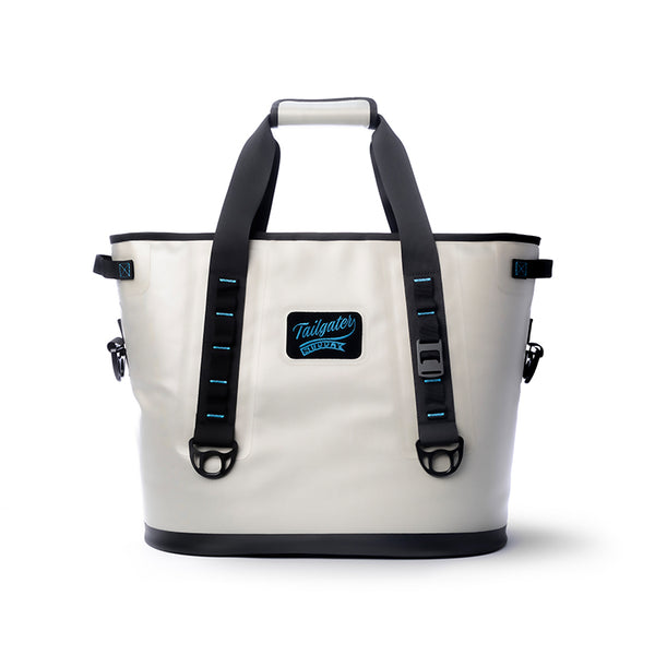 Front of the light gray Tailgate Sidekick soft tote cooler with two carry straps and the Tailgater Supply patch