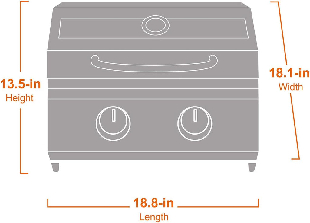 Line drawing of the grill marked 13.5 in high, 18.1 in wide and 18.8 in long