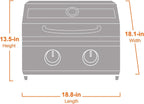 Line drawing of the grill marked 13.5 in high, 18.1 in wide and 18.8 in long
