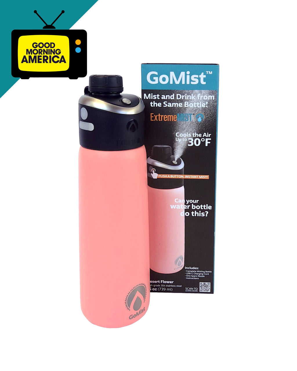 GoMist Rechargeable Misting Water Bottle, Insulated, 25 or 40 oz