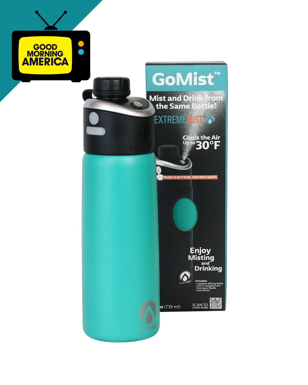 GoMist Rechargeable Misting Water Bottle, Insulated, 25 or 40 oz
