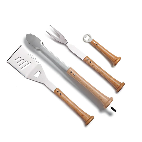 Four stainless grill tools with wooden baseball bat handles fanned out: spatula, tongs, fork and bottle opener