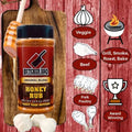 Load image into Gallery viewer, Honey Rub shaker on red barn wood with icons for veggies, beef, pork, poultry, grilling and awards

