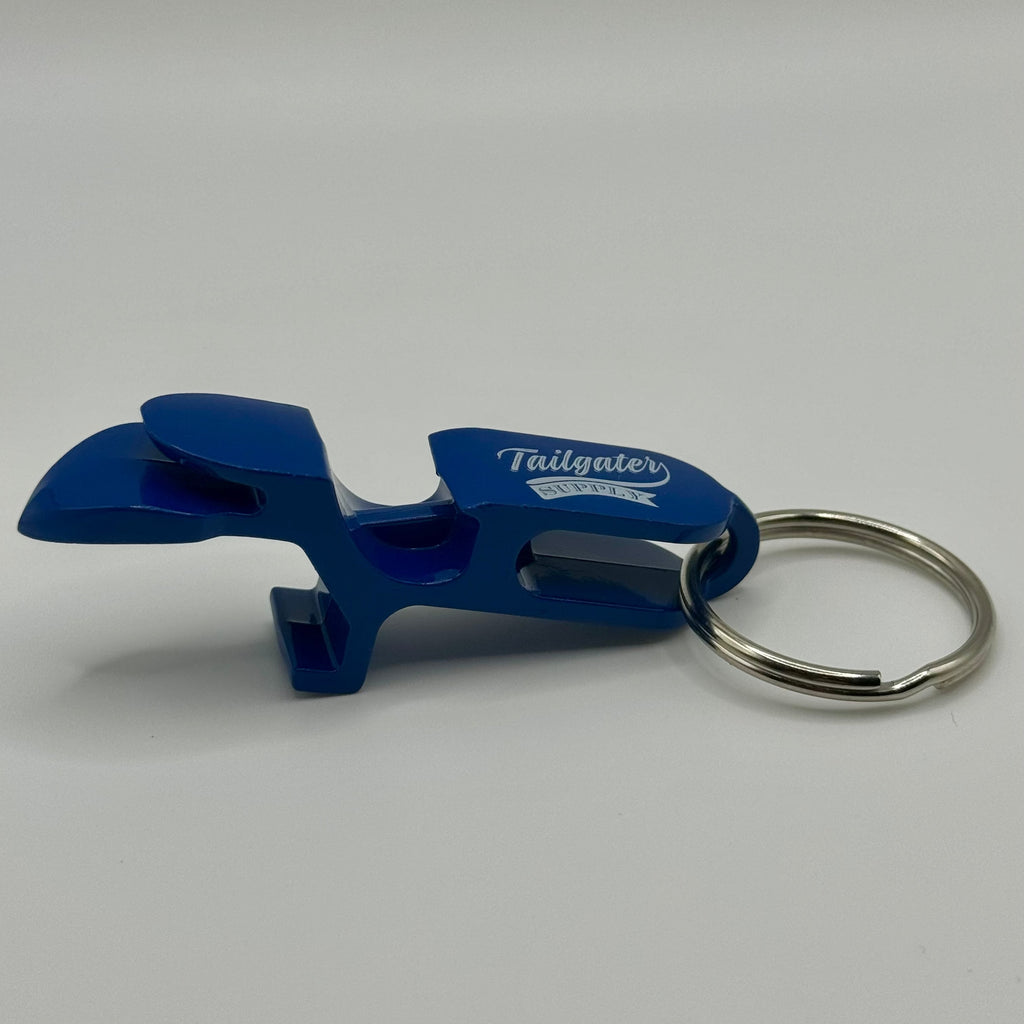 Side view of the blue opener and shotgun tool on a key ring, showing the opener slot and white Tailgater logo