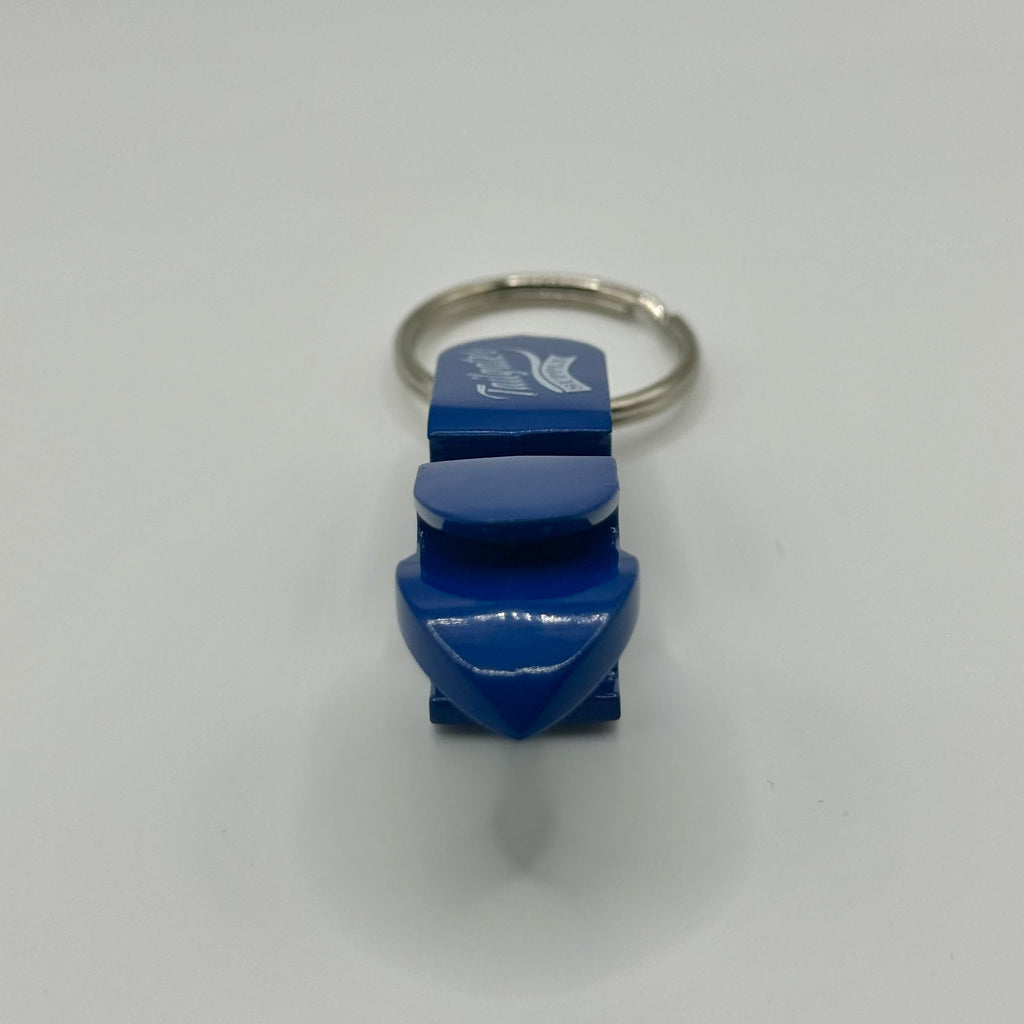 End-on view of the blue opener and shotgun tool, showing the pointed tip used to punch a hole in a can