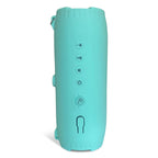 Side of the teal DryTunes speaker with the track, play, power and Party buttons