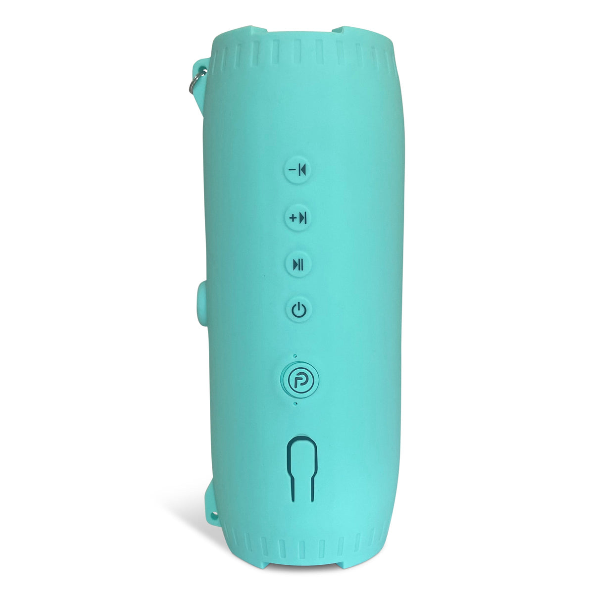 Side of the teal DryTunes speaker with the track, play, power and Party buttons