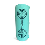Teal DryTunes speaker standing on end, front grilles facing out