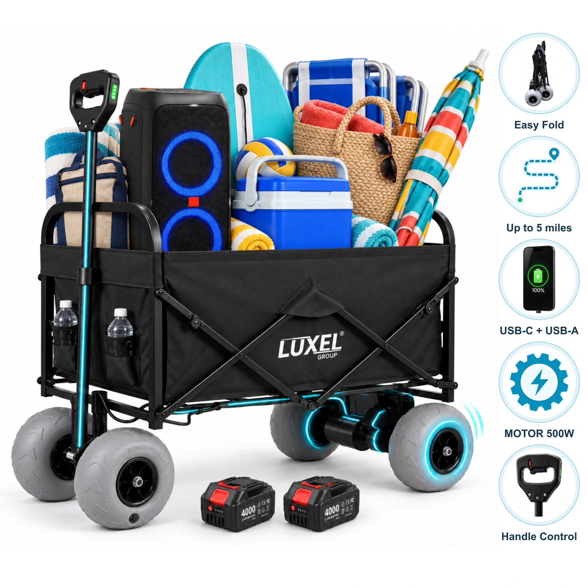 Black folding wagon with gray balloon wheels on beach sand, loaded with a speaker, cooler, beach chair, towels and umbrella