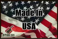 Load image into Gallery viewer, Made in USA graphic with the Butcher BBQ logo over a waving American flag
