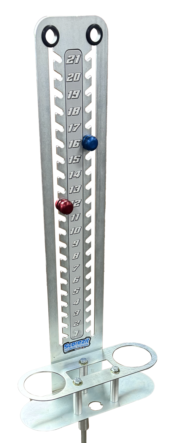Metal cornhole scorekeeper numbered 1 to 21 with red and blue peg markers and two cup rings at its base