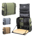 Camp kitchen bag in sage green, gray and brown, closed, beside a sage bag open with its bamboo board folded down