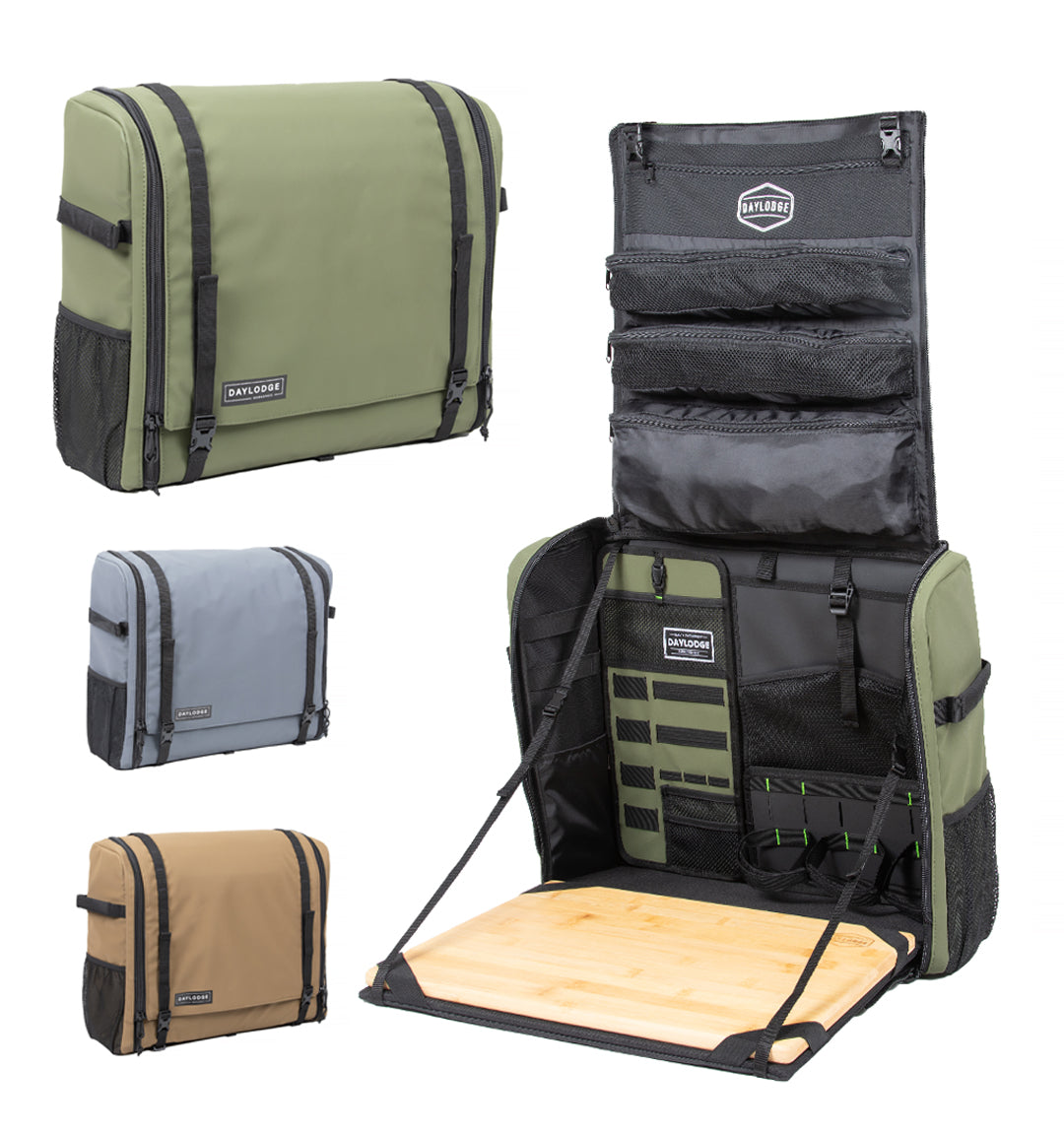 Camp kitchen bag in sage green, gray and brown, closed, beside a sage bag open with its bamboo board folded down