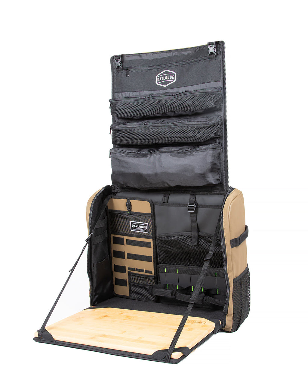 Brown kitchen bag fully open, with the lid pockets up, organizer panels and the bamboo board folded out