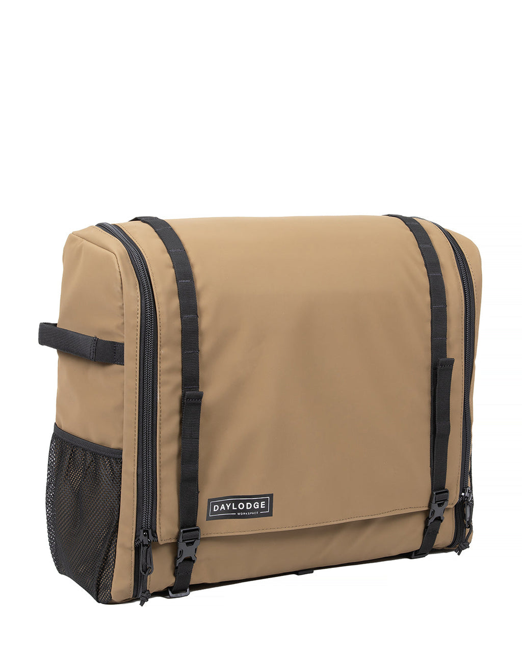 Closed brown camp kitchen bag with black straps and mesh side pockets, on white