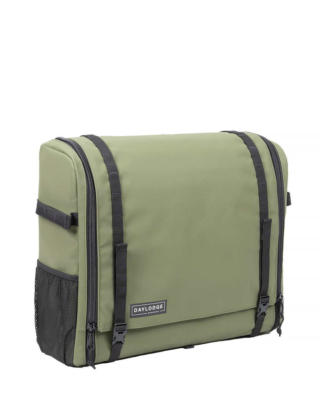 Closed sage green camp kitchen bag with black straps and mesh side pockets, on white