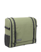 Closed sage green camp kitchen bag with black straps and mesh side pockets, on white
