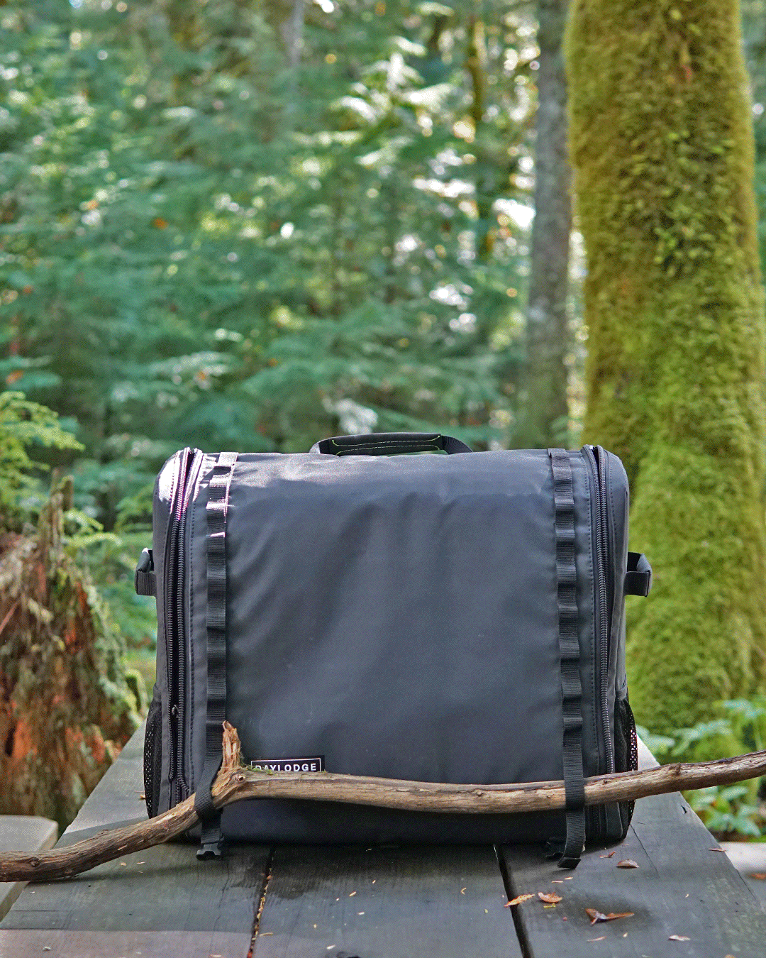 Closed dark kitchen bag on a picnic table in a mossy forest
