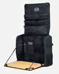Load image into Gallery viewer, Black kitchen bag fully open, with the lid pockets up and the bamboo board folded out, on light gray

