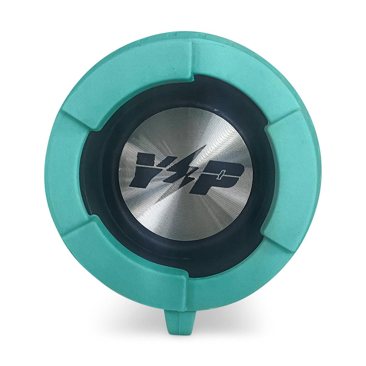 End of the teal DryTunes speaker showing the round metal Yak Power cap
