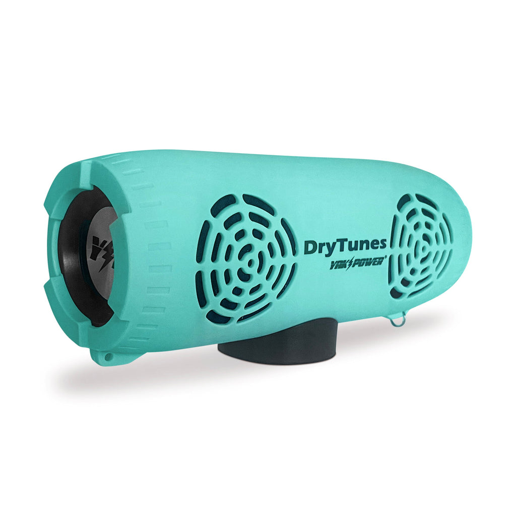 Teal DryTunes speaker at an angle on its magnetic base