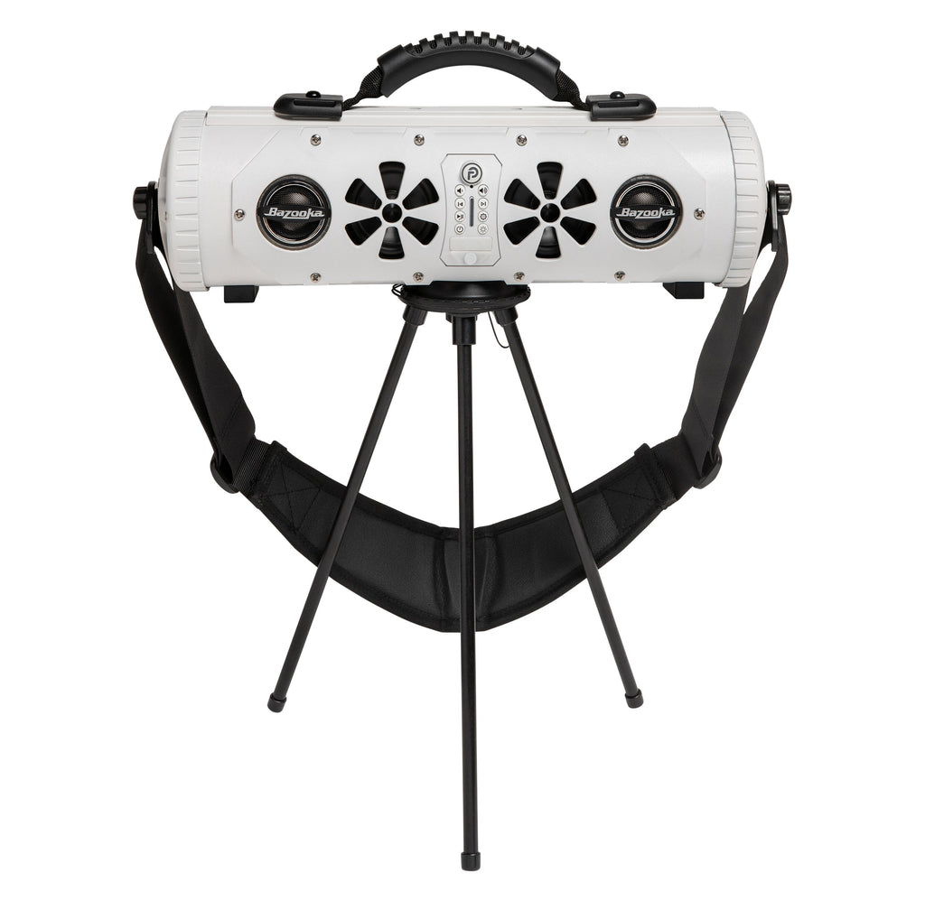 White Party Bar MINI standing on its tripod legs with the shoulder strap hanging below
