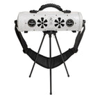 White Party Bar MINI standing on its tripod legs with the shoulder strap hanging below