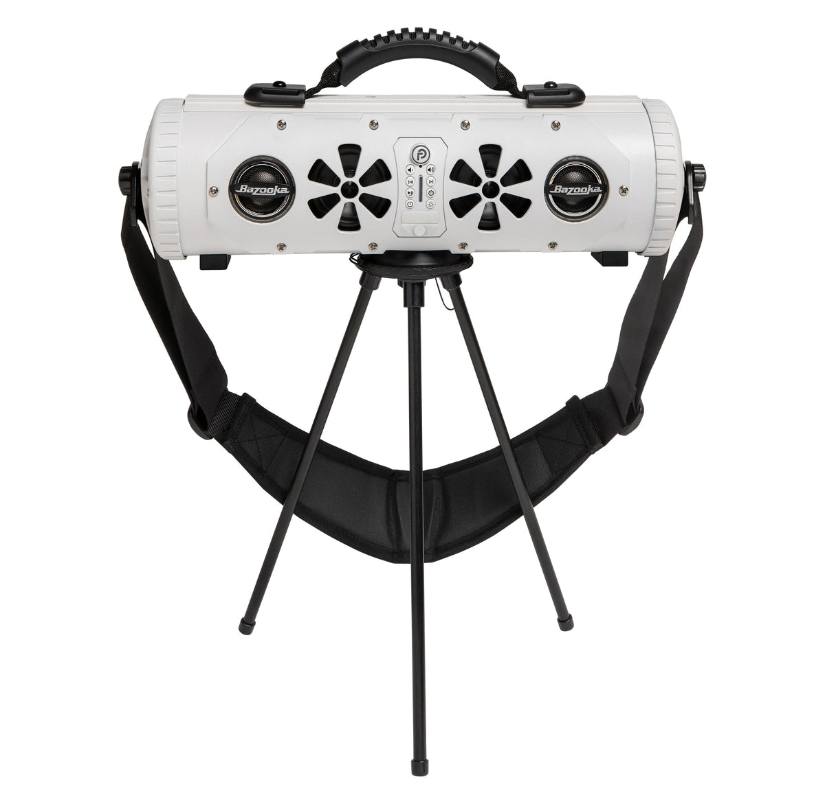 White Party Bar MINI standing on its tripod legs with the shoulder strap hanging below