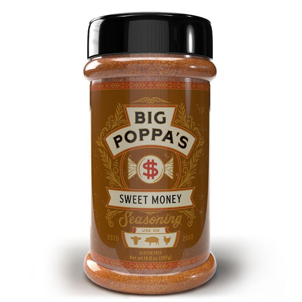 Shaker of Big Poppa's Sweet Money seasoning with a brown and gold label, front view