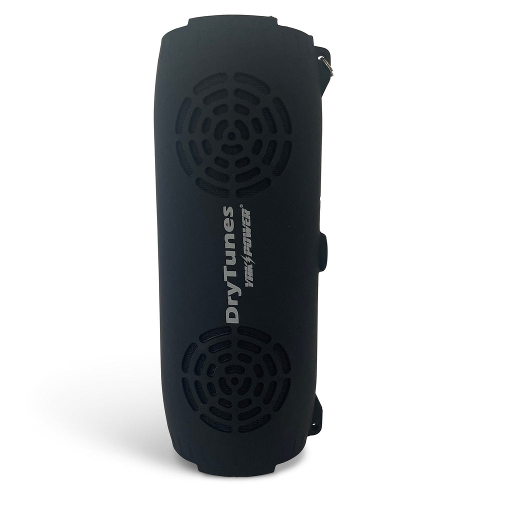 Black DryTunes speaker standing on end, front grilles facing out