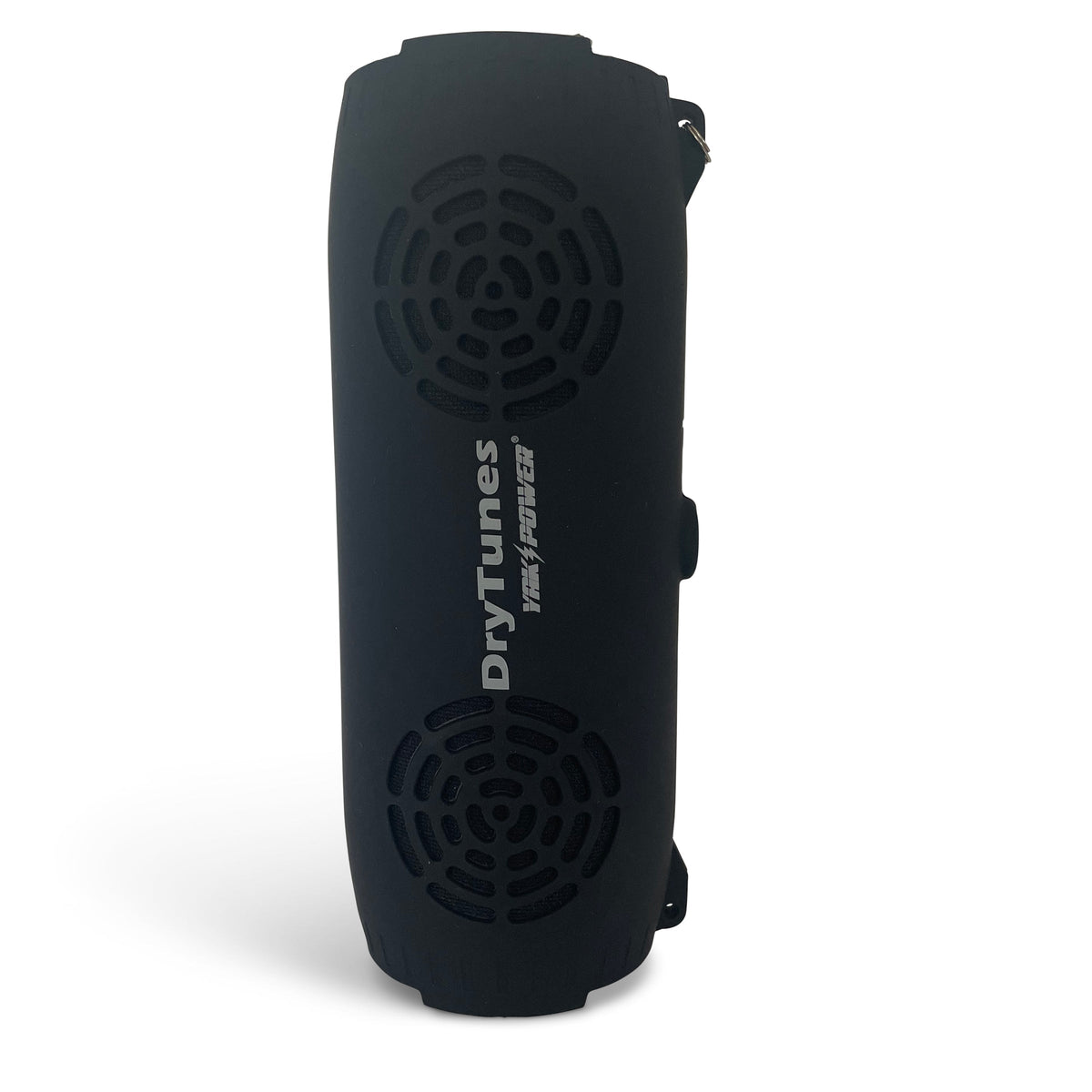 Black DryTunes speaker standing on end, front grilles facing out