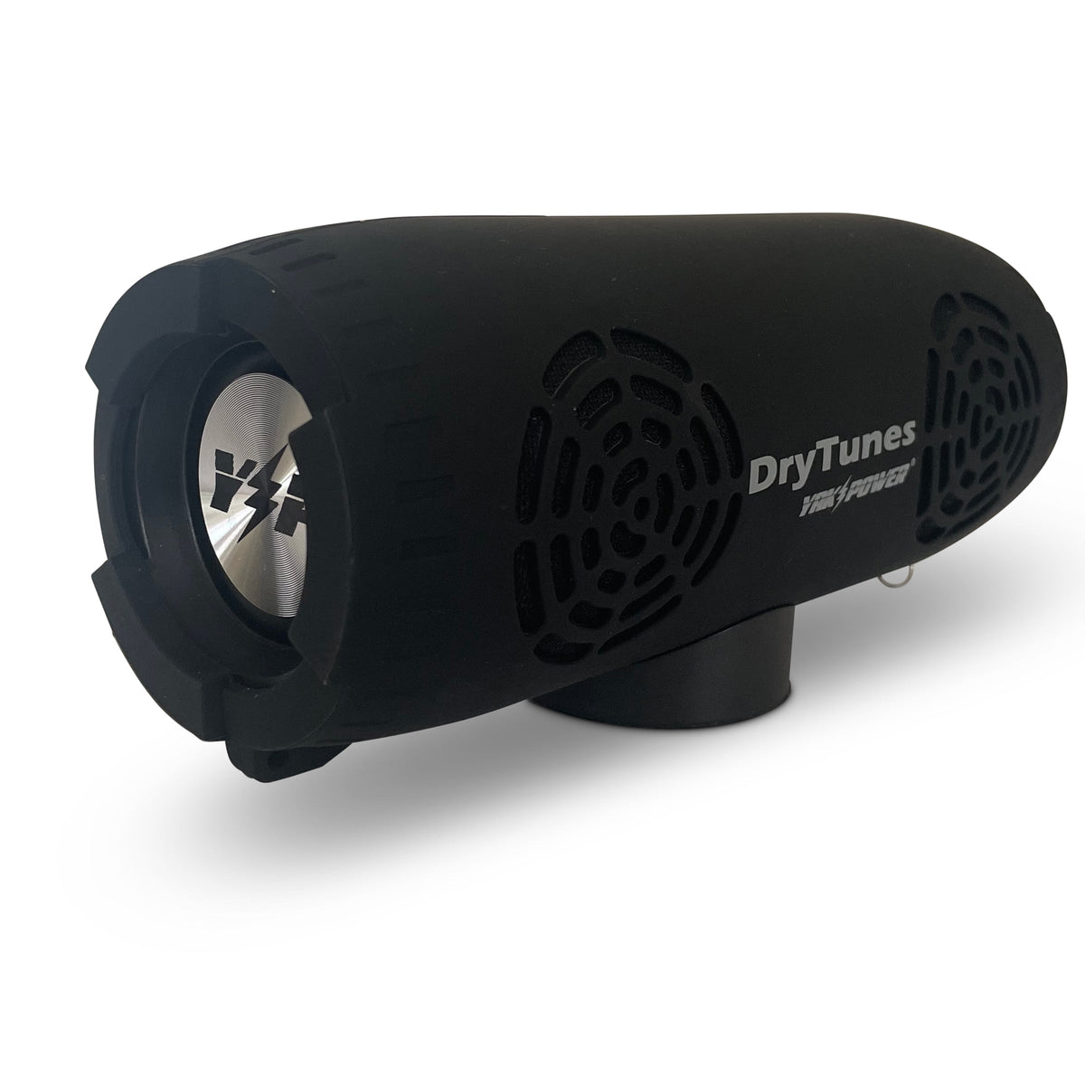 Black DryTunes speaker at an angle on its magnetic base